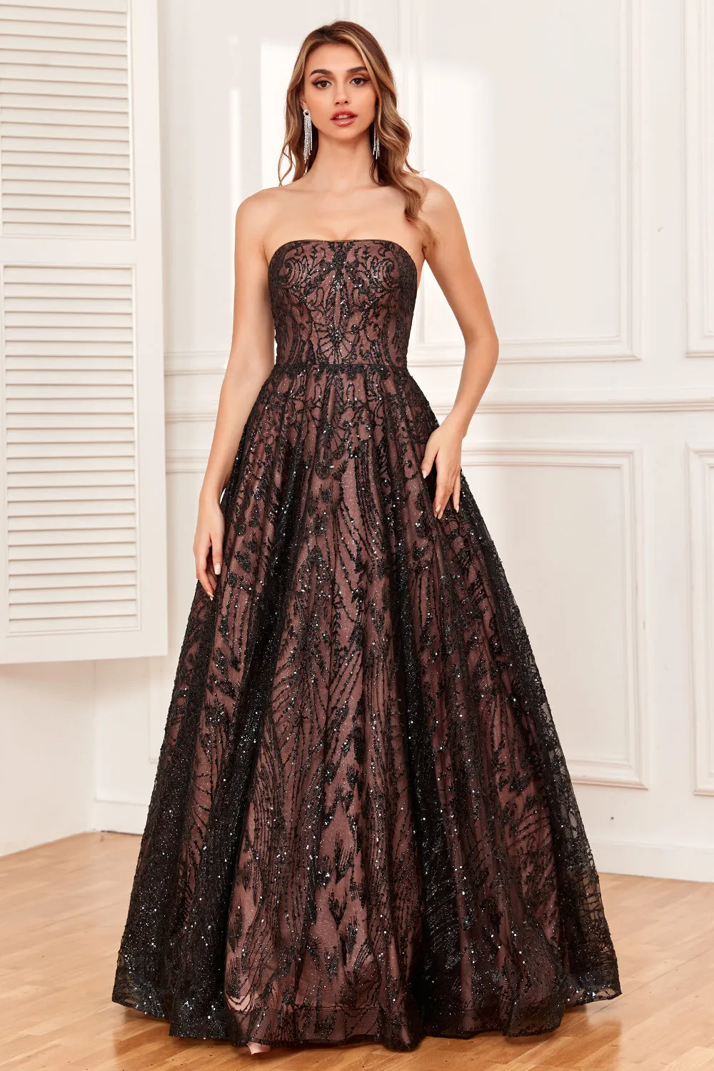 Black Strapless A Line Prom Dress with Beading sold by Zapaka