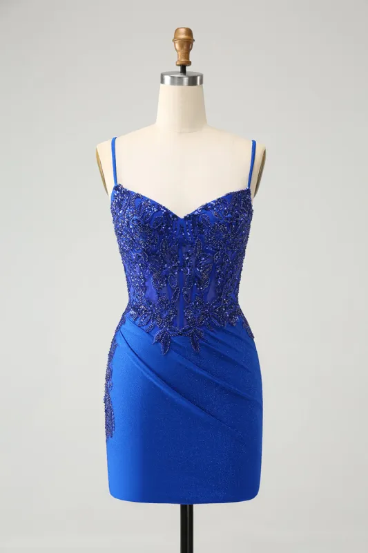 Sparkly Royal Blue Spaghetti Straps Tight Homecoming Dress with Beading sold by Zapaka