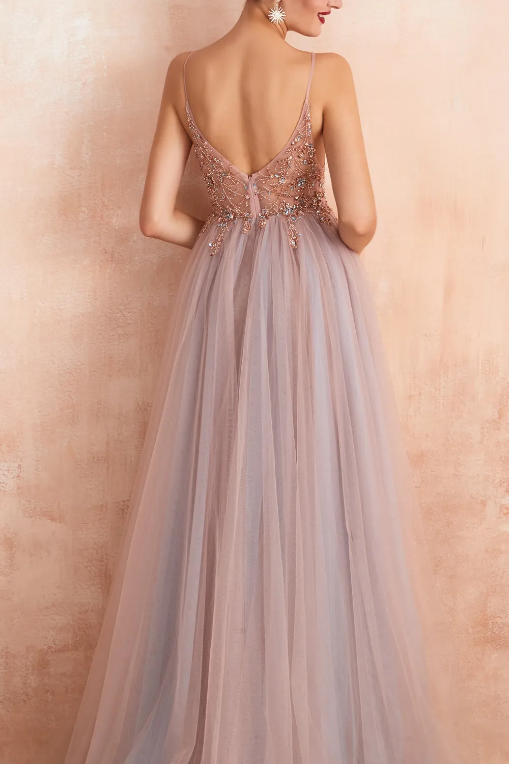 A Line Grey Pink V-neck Tulle Beaded Long Prom Dress with Slit sold by Zapaka product image thumbnail 5