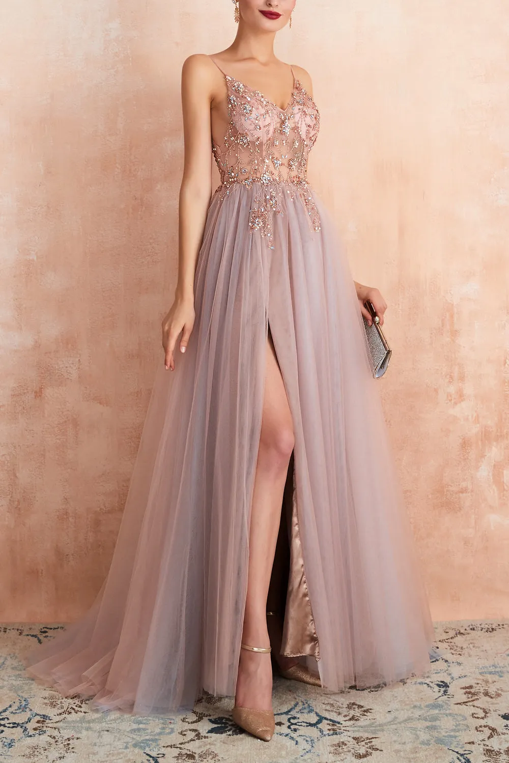 A Line Grey Pink V-neck Tulle Beaded Long Prom Dress with Slit sold by Zapaka product image thumbnail 3
