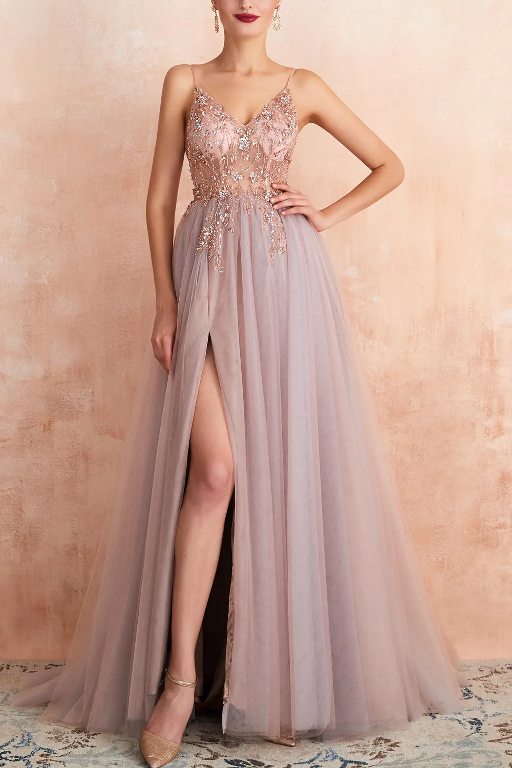 A Line Grey Pink V-neck Tulle Beaded Long Prom Dress with Slit sold by Zapaka
