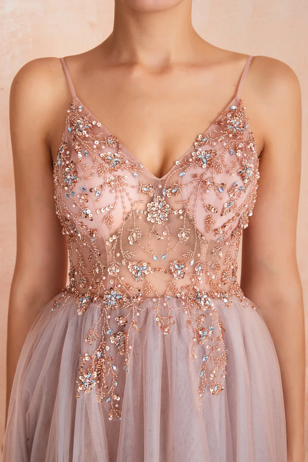 A Line Grey Pink V-neck Tulle Beaded Long Prom Dress with Slit sold by Zapaka product image thumbnail 4