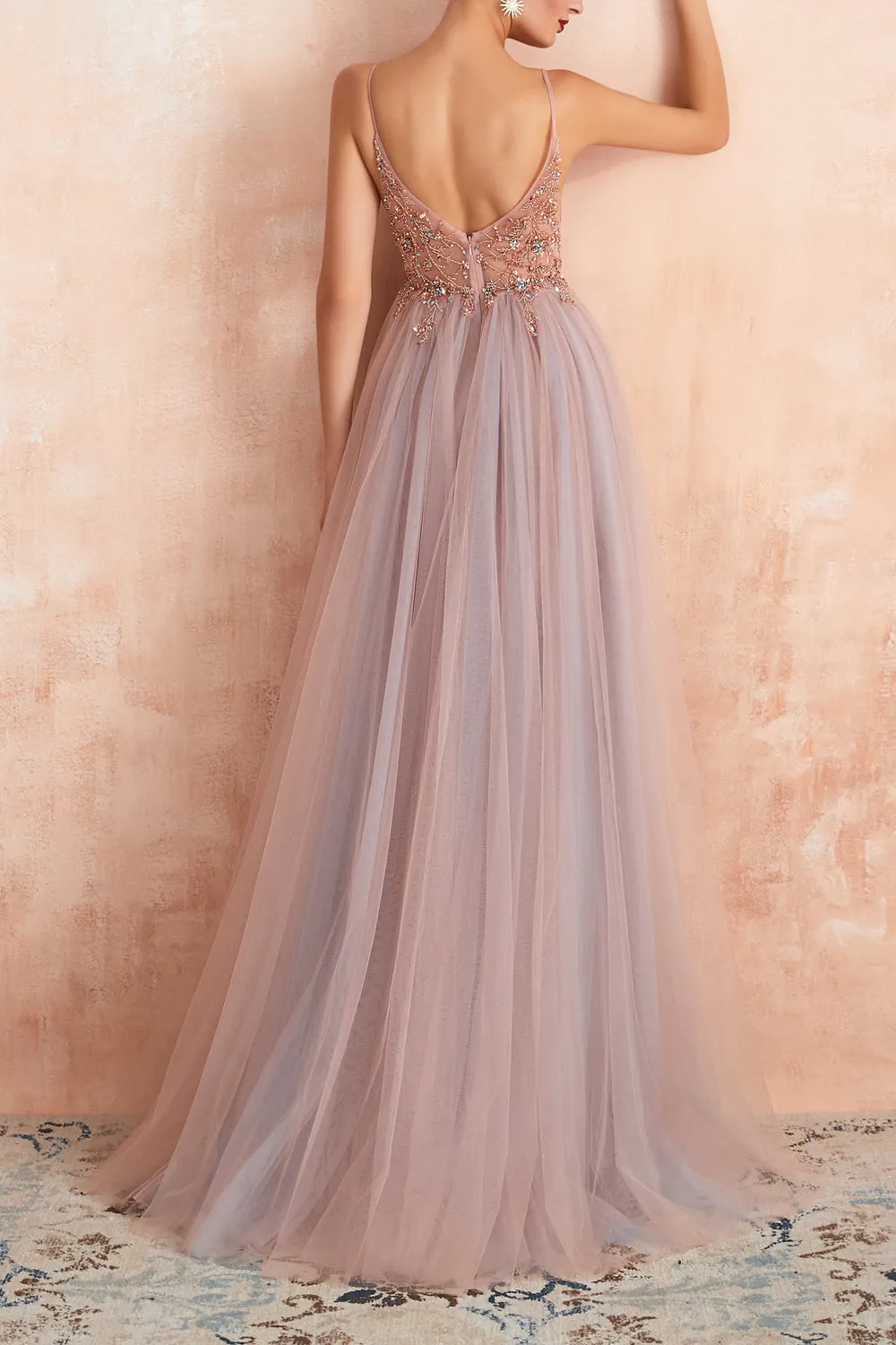 A Line Grey Pink V-neck Tulle Beaded Long Prom Dress with Slit sold by Zapaka product image thumbnail 2
