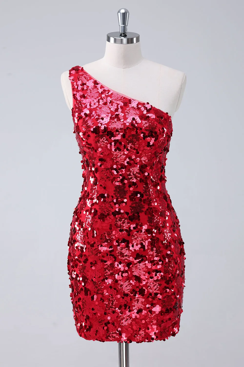 Sparkly Red One Shoulder Tight Short Homecoming Dress with Sequins sold by Zapaka