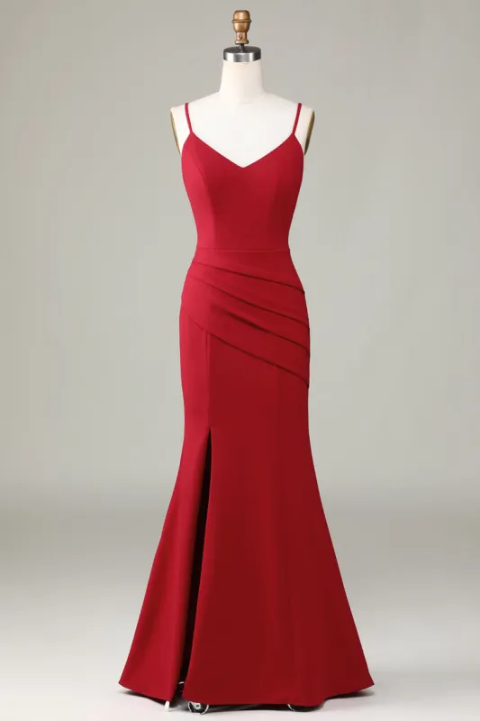 Spaghetti Straps Sleeveless Burgundy Bridesmaid Dress with Slit sold by Zapaka