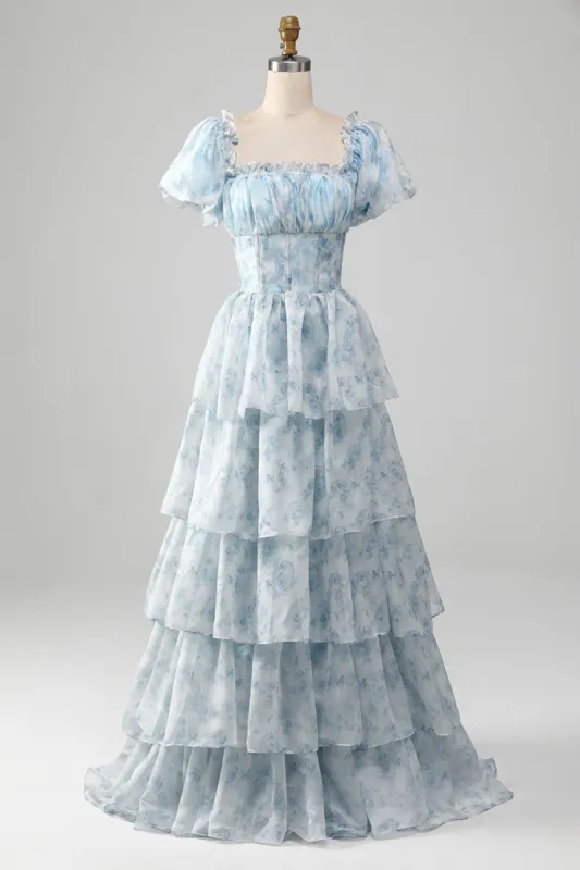 A Line Square Neck Light Blue Tiered Prom Dress with Ruffles sold by Zapaka