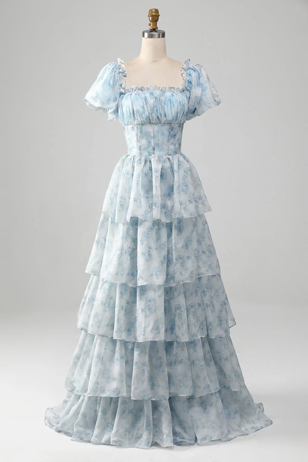 A Line Square Neck Light Blue Tiered Prom Dress with Ruffles sold by Zapaka
