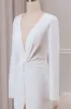 Ivory Deep V-neck Long Sleeves Crepe Mermaid Wedding Dress with Front Slit sold by Zapaka