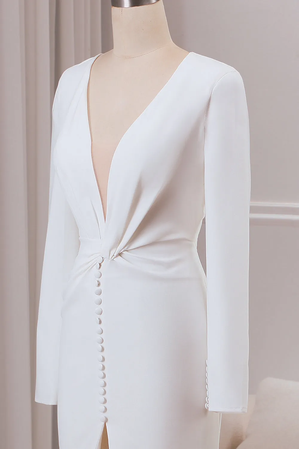 Ivory Deep V-neck Long Sleeves Crepe Mermaid Wedding Dress with Front Slit sold by Zapaka product image thumbnail 5