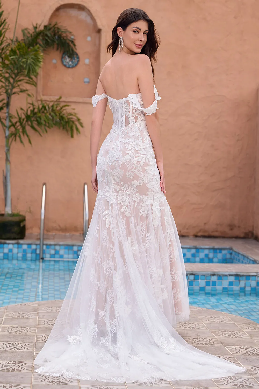White Mermaid Off the Shoulder Sweep Train Bridal Dress with Applique Lace sold by Zapaka product image thumbnail 2