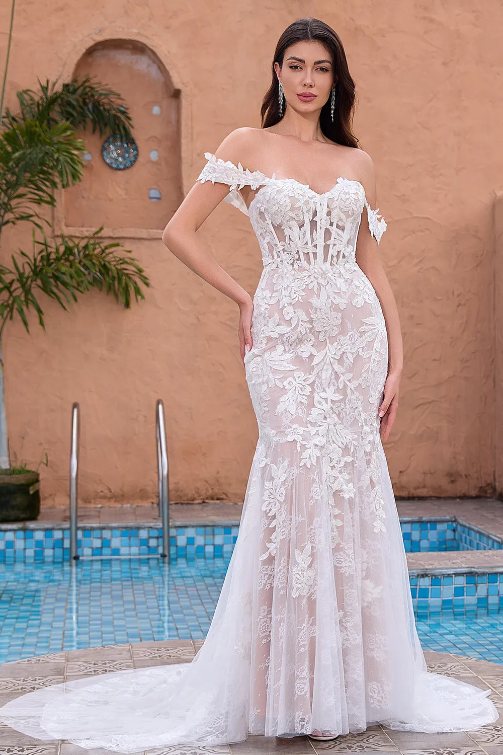 White Mermaid Off the Shoulder Sweep Train Bridal Dress with Applique Lace sold by Zapaka