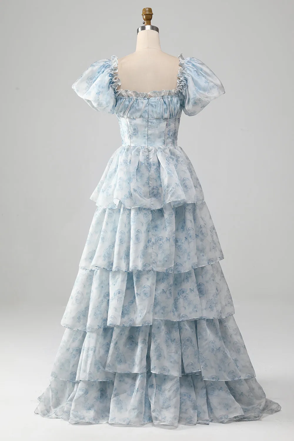 A Line Square Neck Light Blue Tiered Prom Dress with Ruffles sold by Zapaka product image thumbnail 2