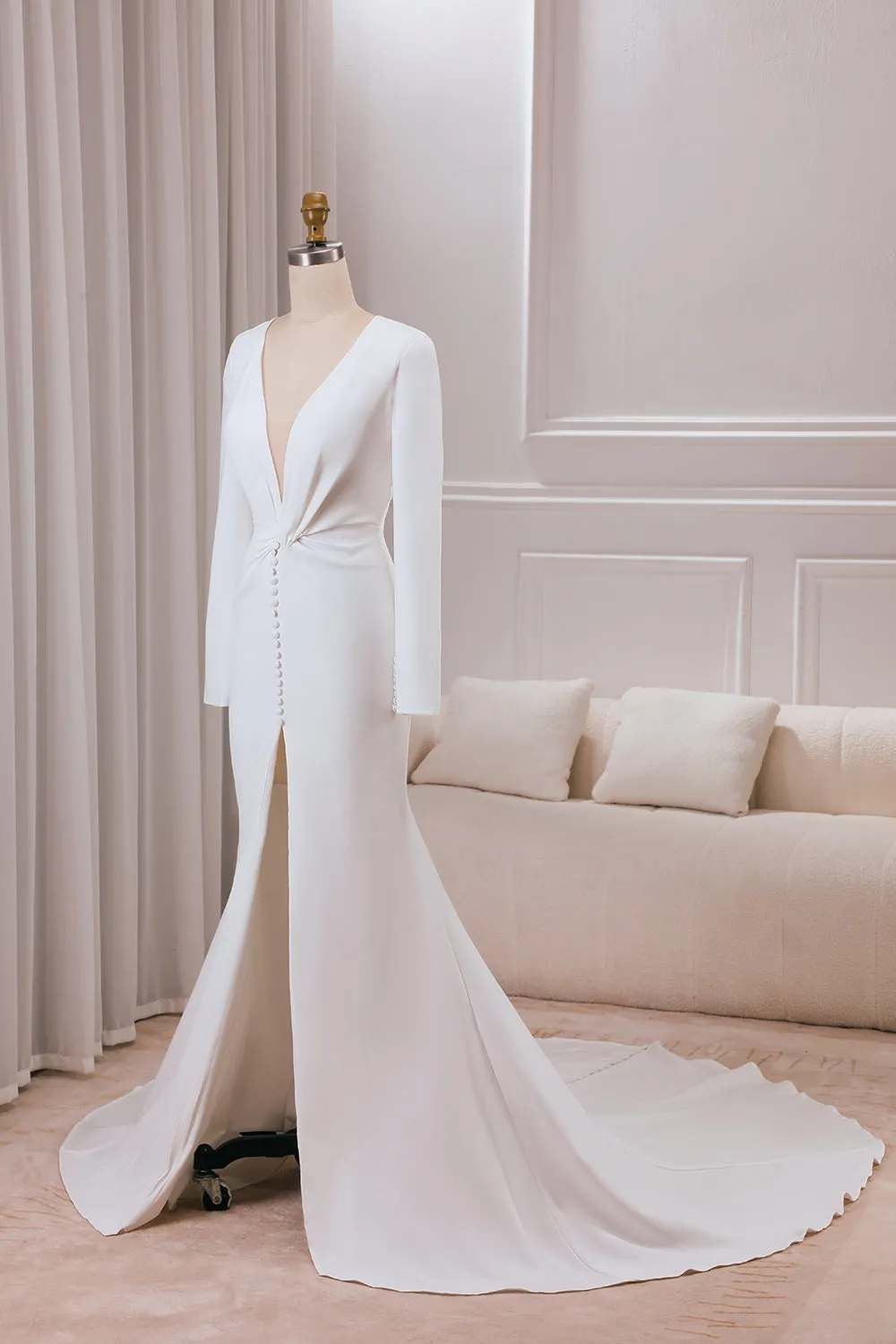 Ivory Deep V-neck Long Sleeves Crepe Mermaid Wedding Dress with Front Slit sold by Zapaka product image thumbnail 3