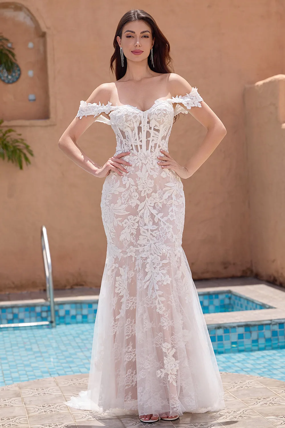 White Mermaid Off the Shoulder Sweep Train Bridal Dress with Applique Lace sold by Zapaka product image thumbnail 4