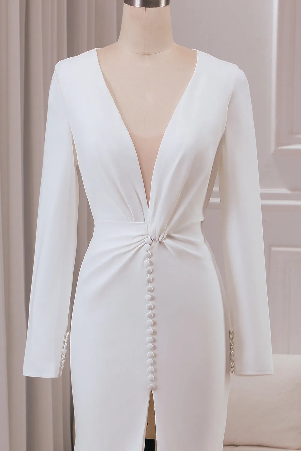 Ivory Deep V-neck Long Sleeves Crepe Mermaid Wedding Dress with Front Slit sold by Zapaka product image thumbnail 4