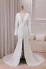Ivory Deep V-neck Long Sleeves Crepe Mermaid Wedding Dress with Front Slit sold by Zapaka