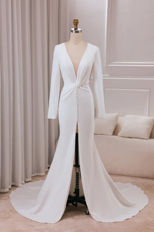 Ivory Deep V-neck Long Sleeves Crepe Mermaid Wedding Dress with Front Slit sold by Zapaka