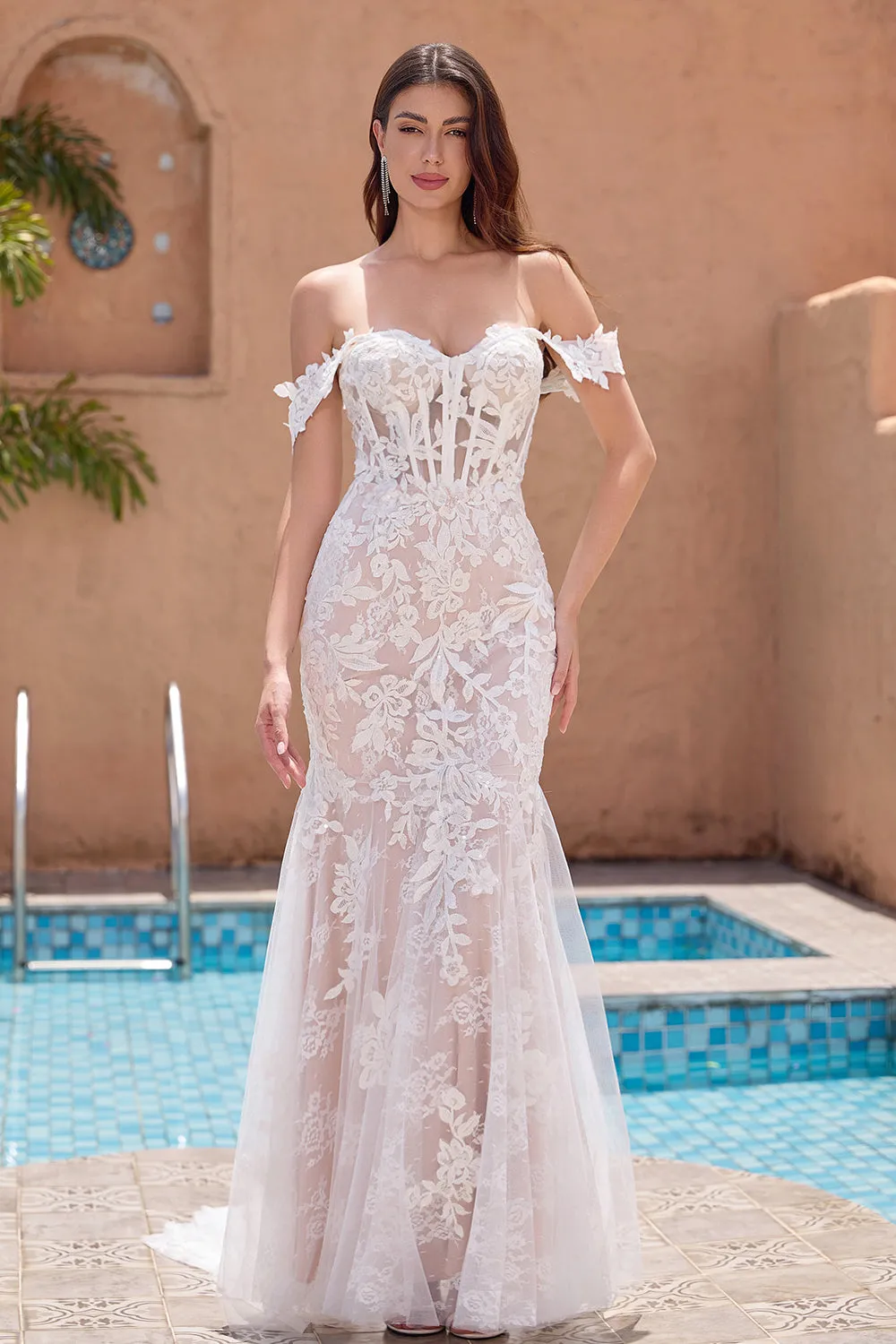 White Mermaid Off the Shoulder Sweep Train Bridal Dress with Applique Lace sold by Zapaka product image thumbnail 3