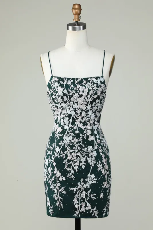 Dark Green Spaghetti Straps Bodycon Homecoming Dress With Appliques sold by Zapaka