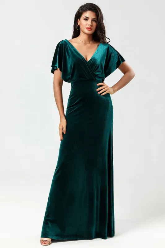 Confidently Charismatic A Line V-Neck Peacock Velvet Bridesmaid Dress with Ruffles made by Zapaka
