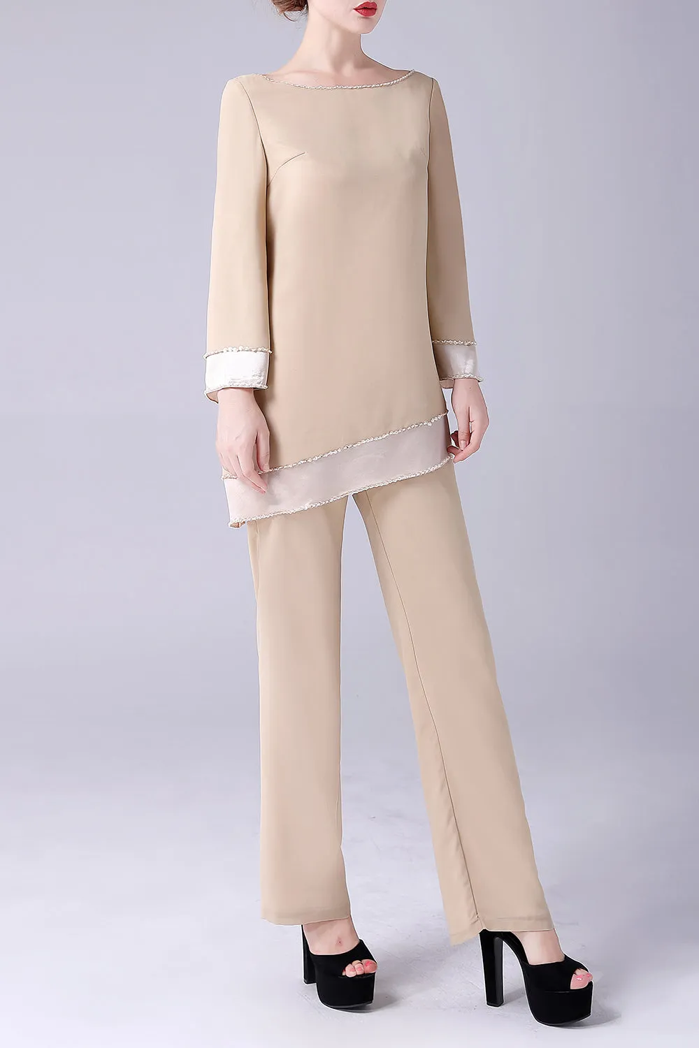 Champagne Long Sleeves 2 Pieces Mother of the Bride Pant Suits sold by Zapaka product image thumbnail 3