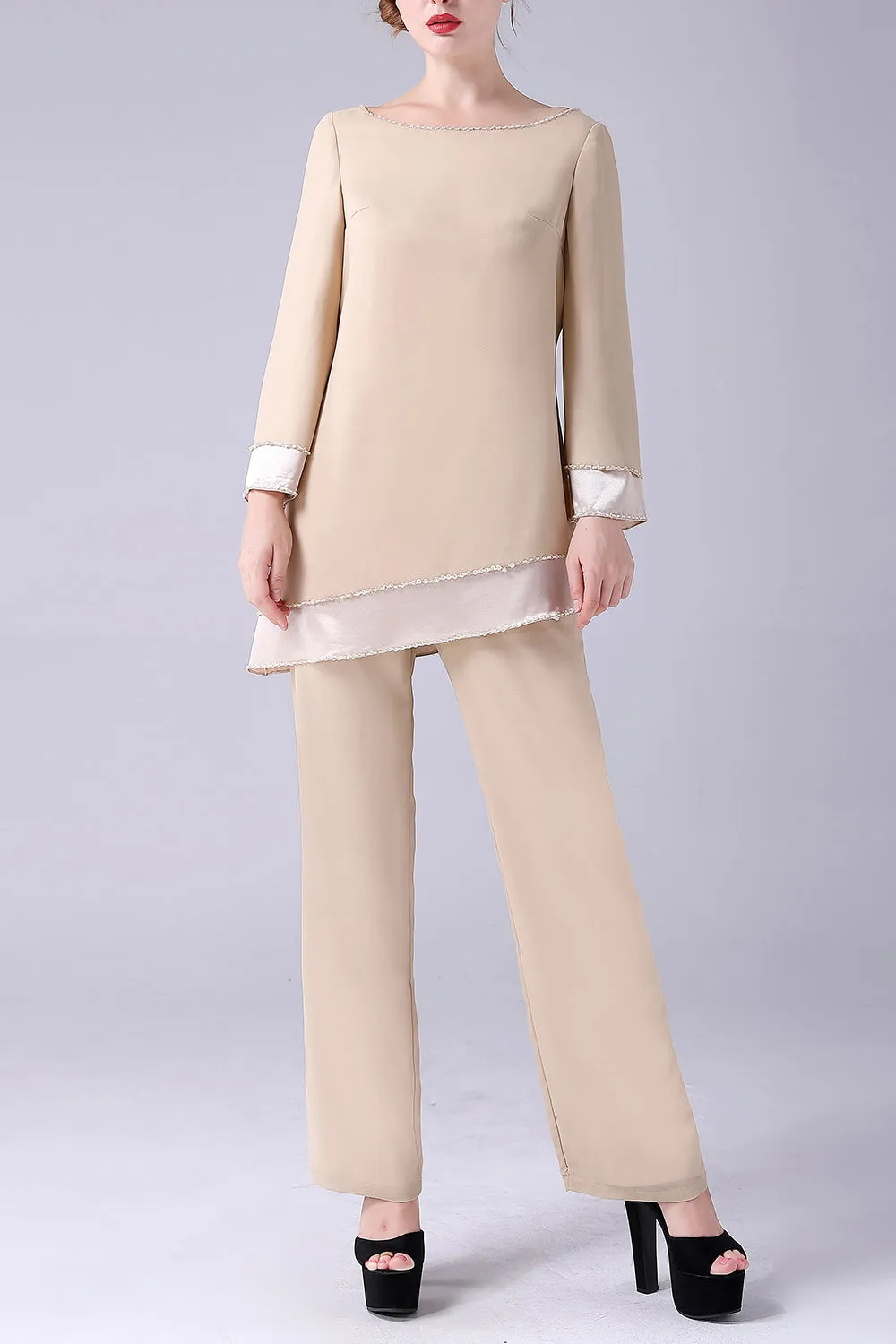 Champagne Long Sleeves 2 Pieces Mother of the Bride Pant Suits sold by Zapaka
