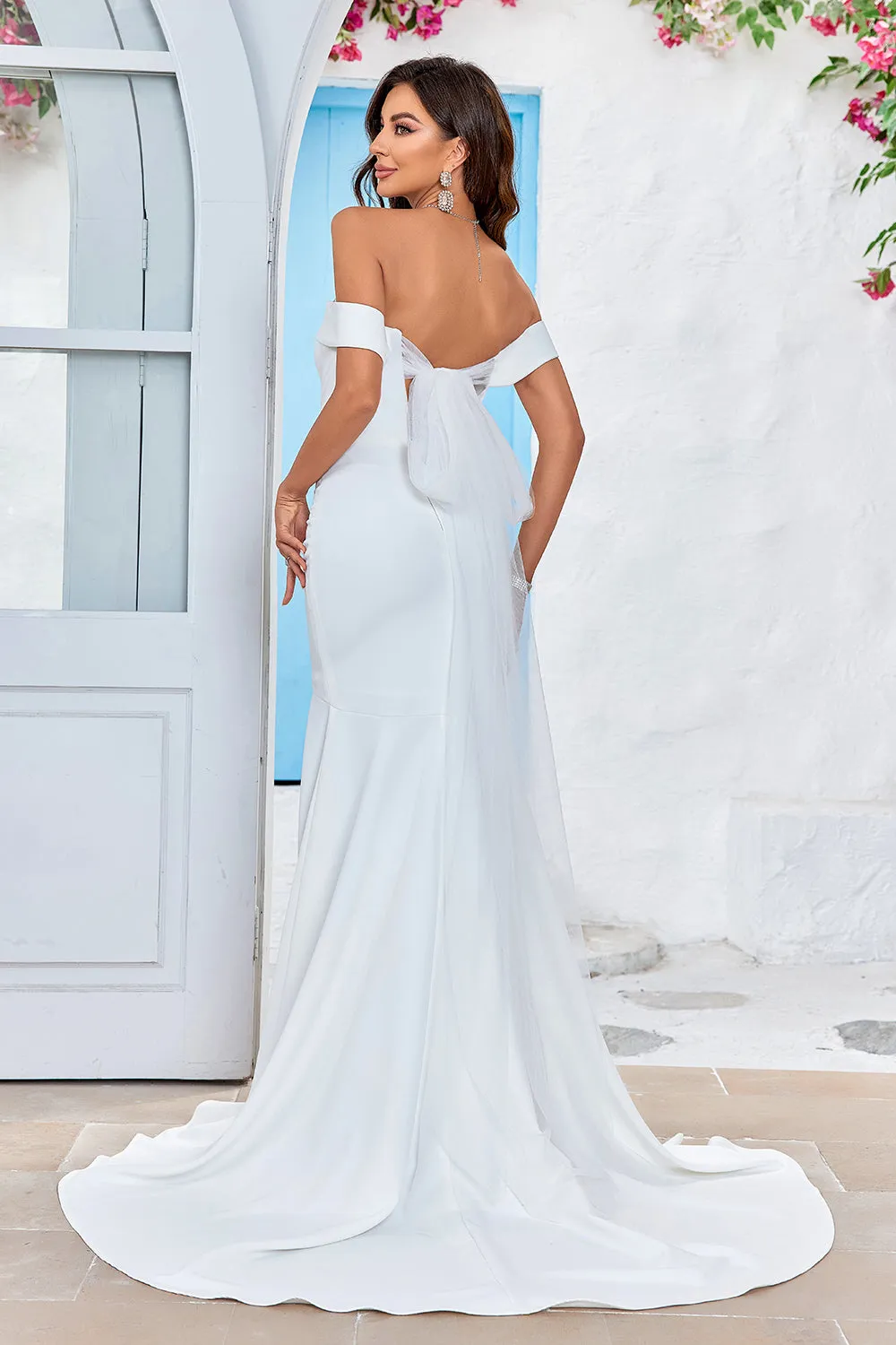Off the Shoulder Satin Simple Mermaid Wedding Dress sold by Zapaka product image thumbnail 2