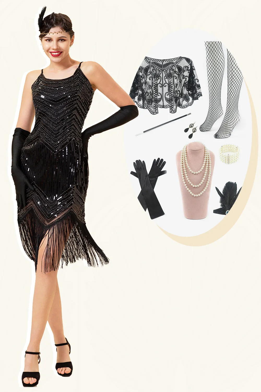 Spaghetti Straps Sequin Fringes Flapper Dress with 1920s Accessories Set sold by Zapaka