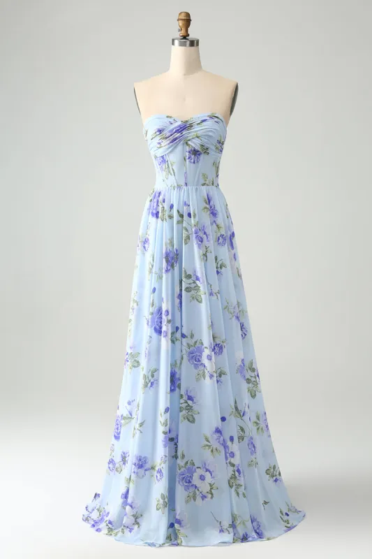 Blue Floral A Line Sweetheart Strapless Pleated Long Wedding Guest Dress sold by Zapaka