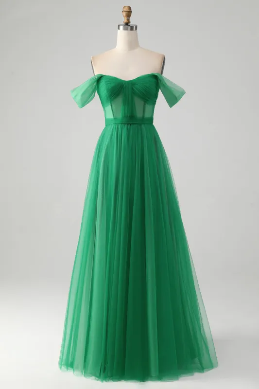 Dark Green A Line Off The Shoulder Corset Long Prom Dress sold by Zapaka