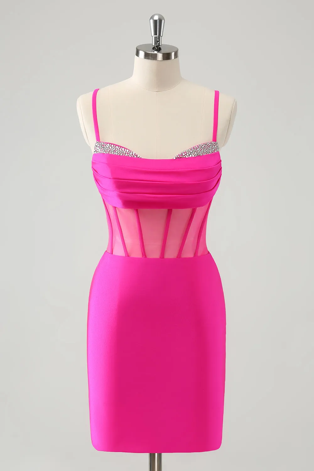 Glitter Fuchsia Spaghetti Straps Tight Corset Homecoming Dress with Beading sold by Zapaka