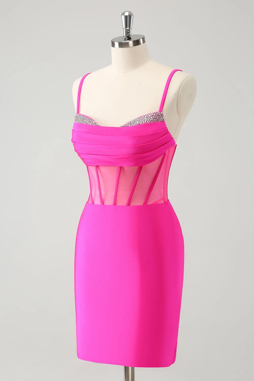 Glitter Fuchsia Spaghetti Straps Tight Corset Homecoming Dress with Beading sold by Zapaka product image thumbnail 3