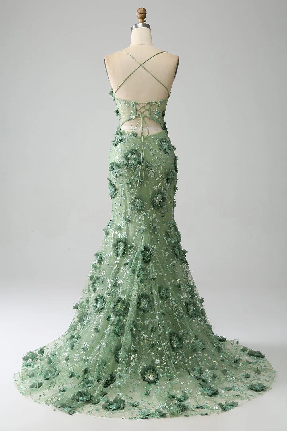Mermaid Spaghetti Straps Green Corset Prom Dress with Appliques sold by Zapaka product image thumbnail 2