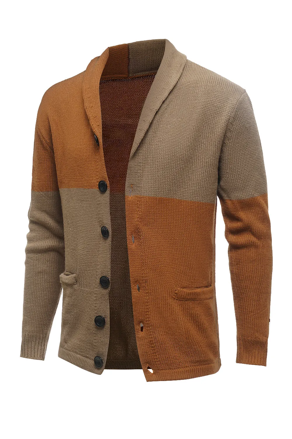 Brown Patchwork Shawl Collar Long Sleeves Men's Cardigan Sweater sold by Zapaka product image thumbnail 3