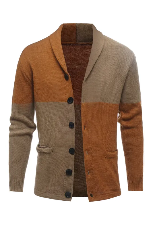 Brown Patchwork Shawl Collar Long Sleeves Men's Cardigan Sweater sold by Zapaka
