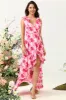 A Line V Neck Pink Flower Printed Long Bridesmaid Dress with Ruffles sold by Zapaka