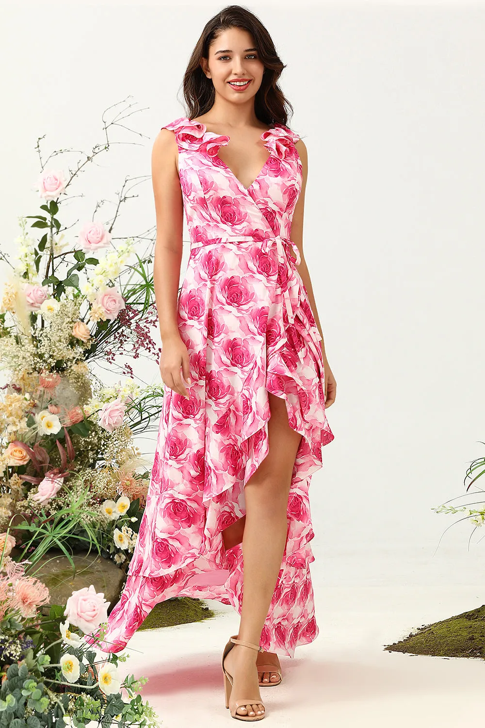 A Line V Neck Pink Flower Printed Long Bridesmaid Dress with Ruffles sold by Zapaka product image thumbnail 3