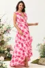 A Line V Neck Pink Flower Printed Long Bridesmaid Dress with Ruffles sold by Zapaka