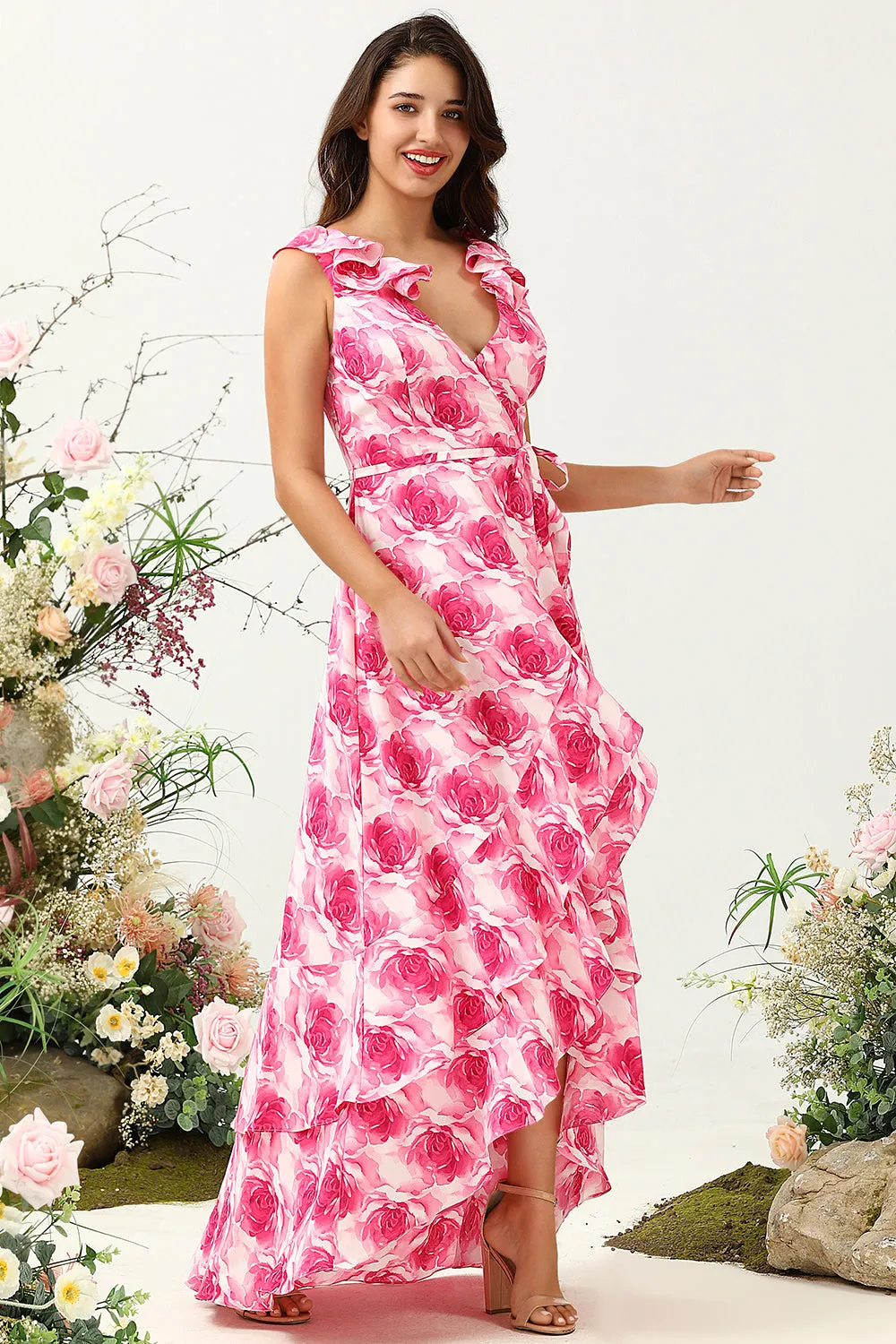 A Line V Neck Pink Flower Printed Long Bridesmaid Dress with Ruffles sold by Zapaka product image thumbnail 4