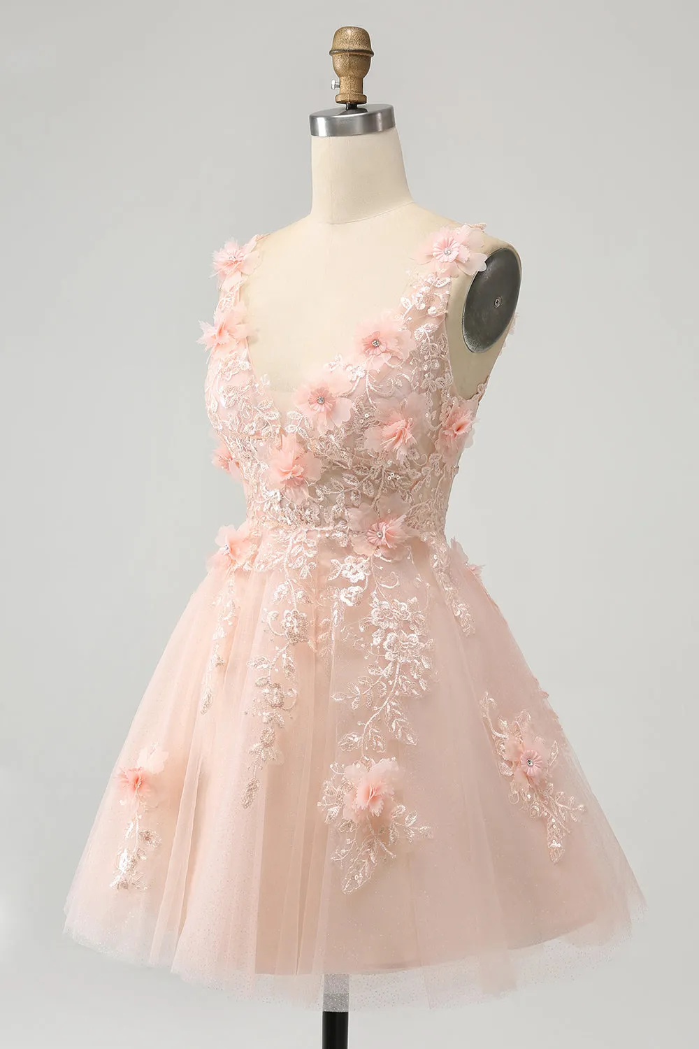 Sparkly Blush A Line V Neck Sequin Short Homecoming Dress with 3D Flowers sold by Zapaka product image thumbnail 3
