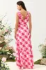 A Line V Neck Pink Flower Printed Long Bridesmaid Dress with Ruffles sold by Zapaka