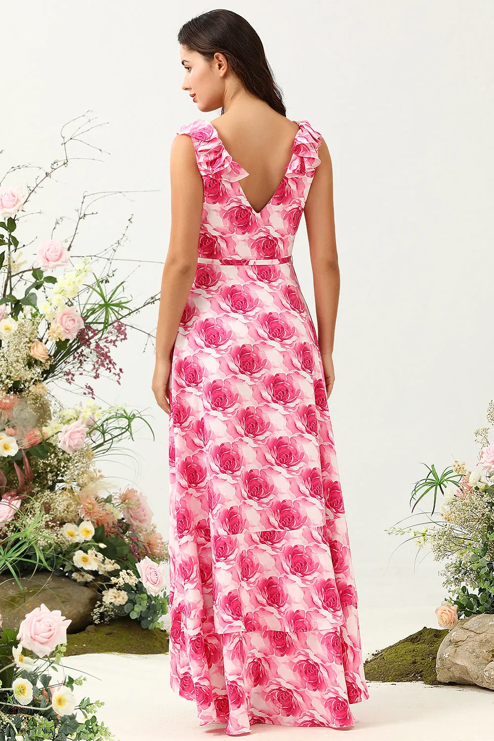 A Line V Neck Pink Flower Printed Long Bridesmaid Dress with Ruffles sold by Zapaka product image thumbnail 2