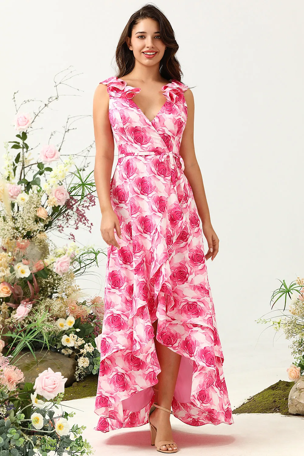 A Line V Neck Pink Flower Printed Long Bridesmaid Dress with Ruffles sold by Zapaka