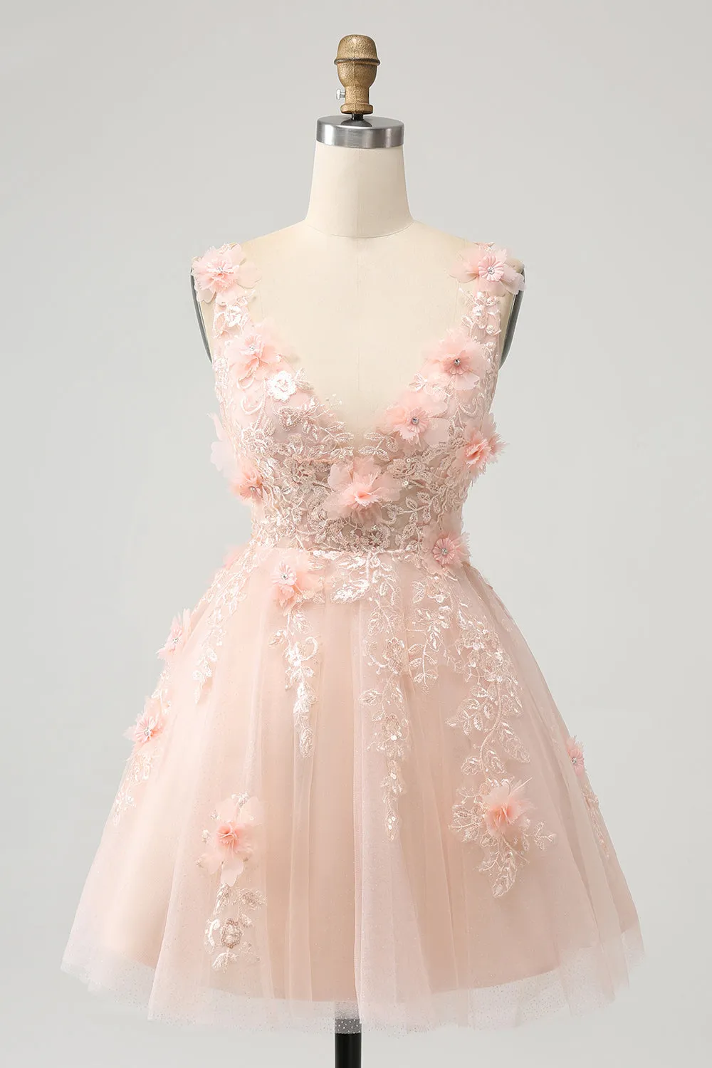 Sparkly Blush A Line V Neck Sequin Short Homecoming Dress with 3D Flowers sold by Zapaka