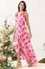 A Line V Neck Pink Flower Printed Long Bridesmaid Dress with Ruffles sold by Zapaka