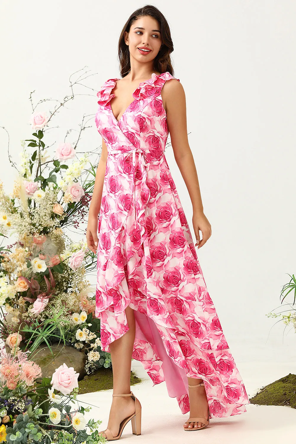 A Line V Neck Pink Flower Printed Long Bridesmaid Dress with Ruffles sold by Zapaka product image thumbnail 5