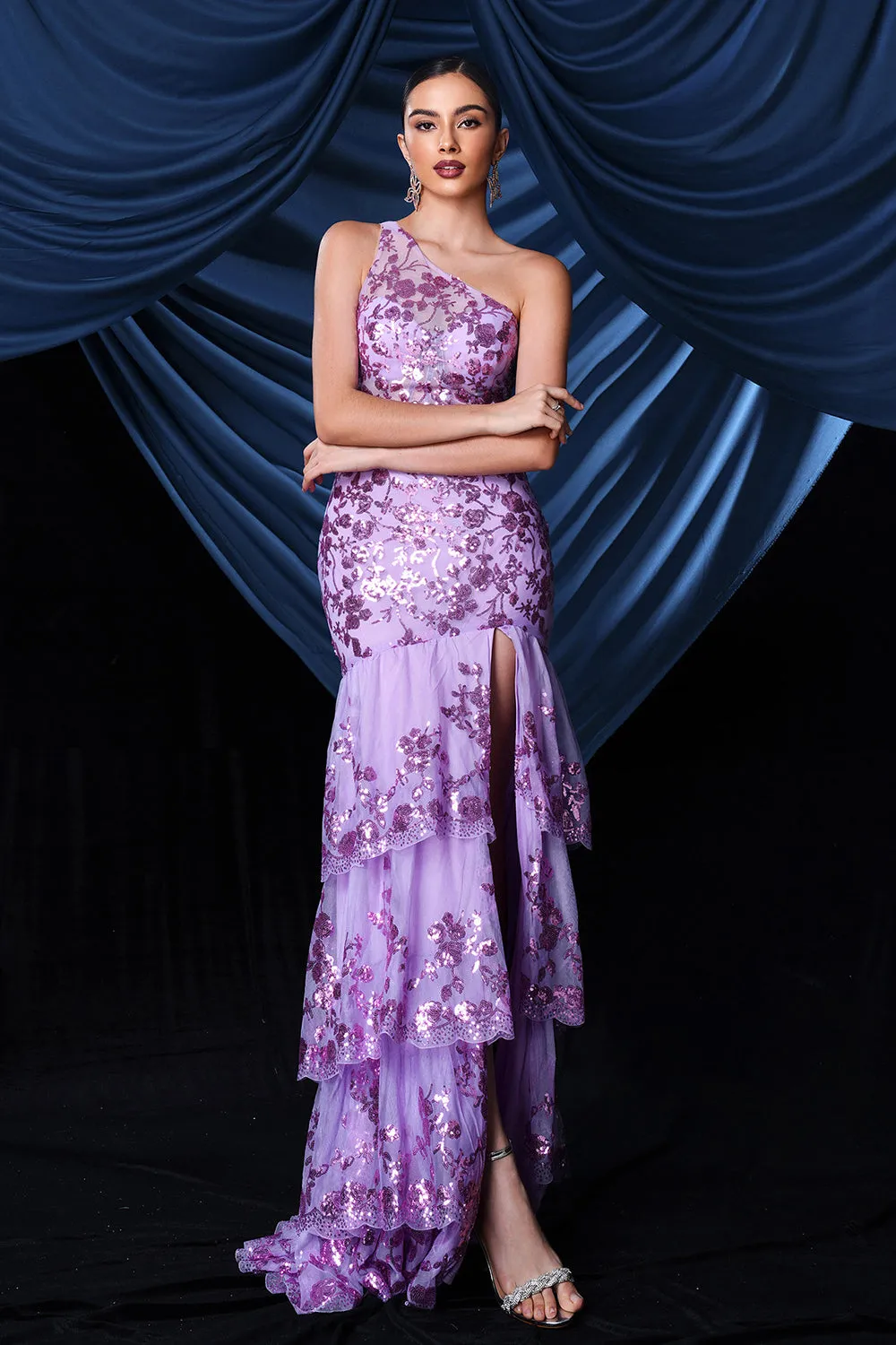 Sparkly Purple One Shoulder Long Prom Dress With Slit sold by Zapaka product image thumbnail 4