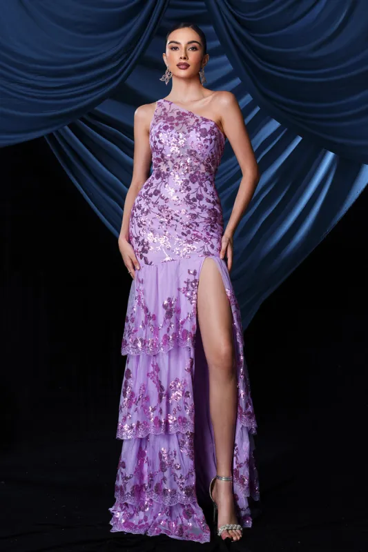 Sparkly Purple One Shoulder Long Prom Dress With Slit sold by Zapaka