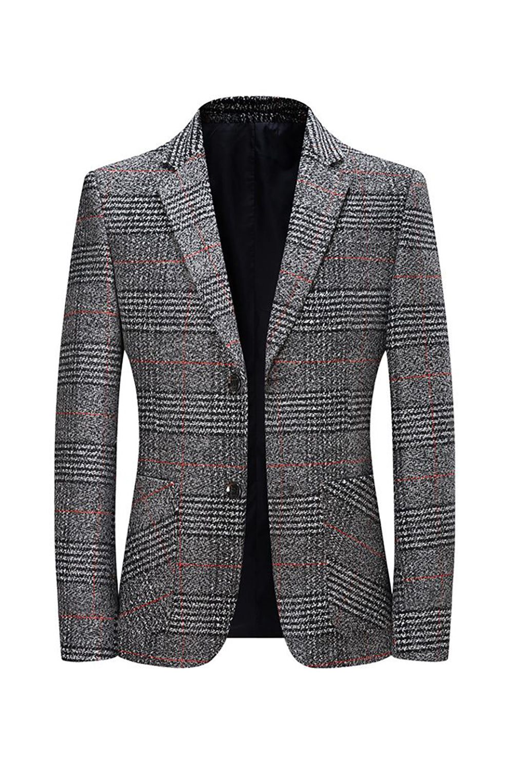 Grey Plaid Tweed Notched Lapel Single Breasted Men's Blazer sold by Zapaka