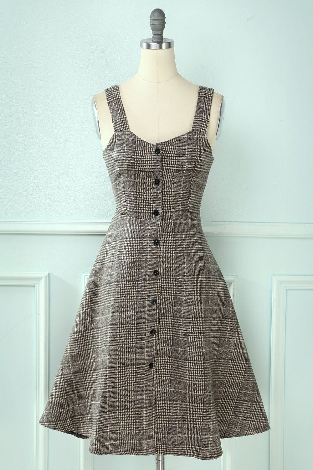 Straps Plaid Vintage Dress with Buttons sold by Zapaka